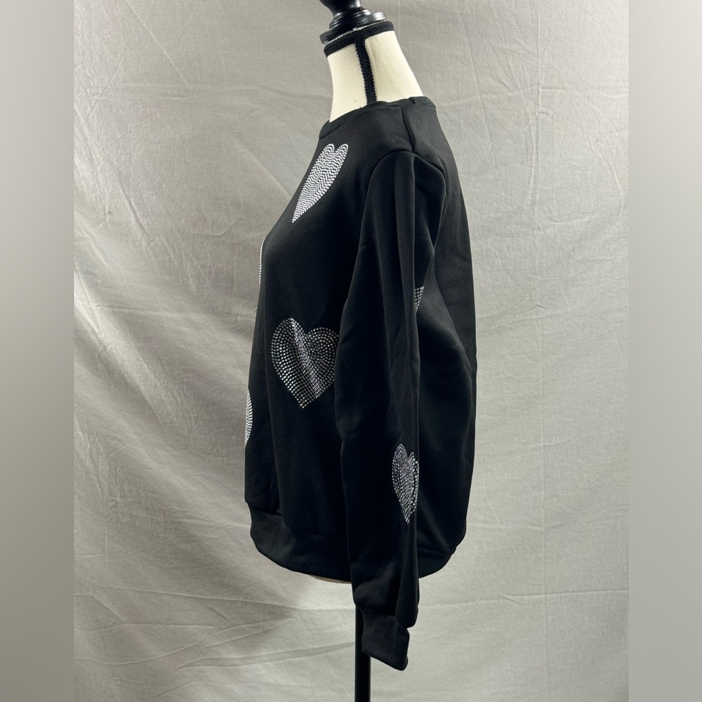 Rhinestone Heart Pattern Crew Neck Sweatshirt Black - Picture 8 of 9